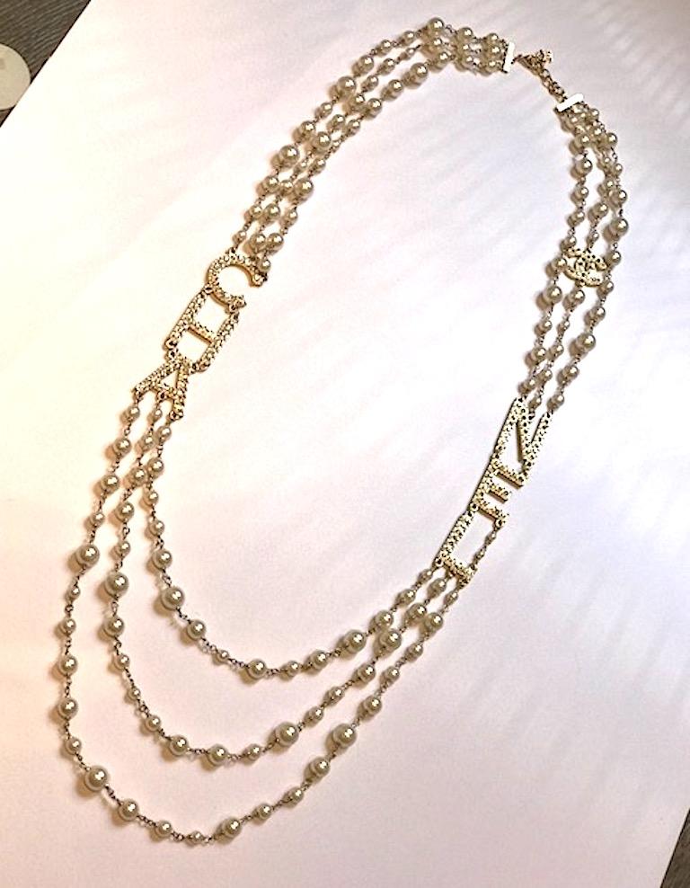 Chanel 3 Strand Pearl and C H A and N E L Letter Necklace, 2018 Collection at 1stDibs chanel