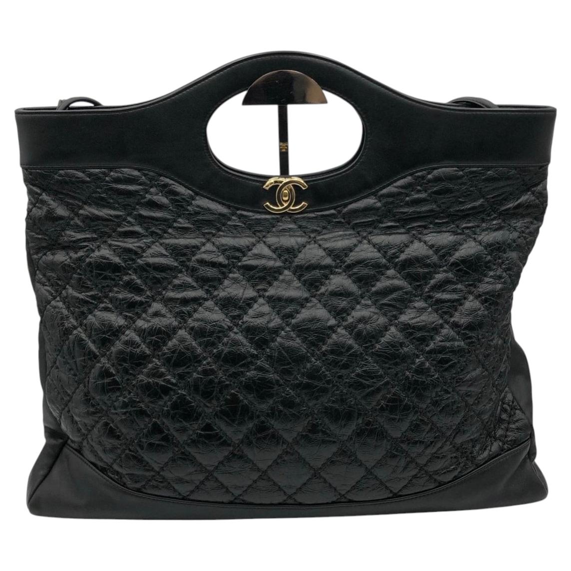 CHANEL 31 Large Shopping Tote Bag Black Quilted Crumpled Calfskin Gold HW