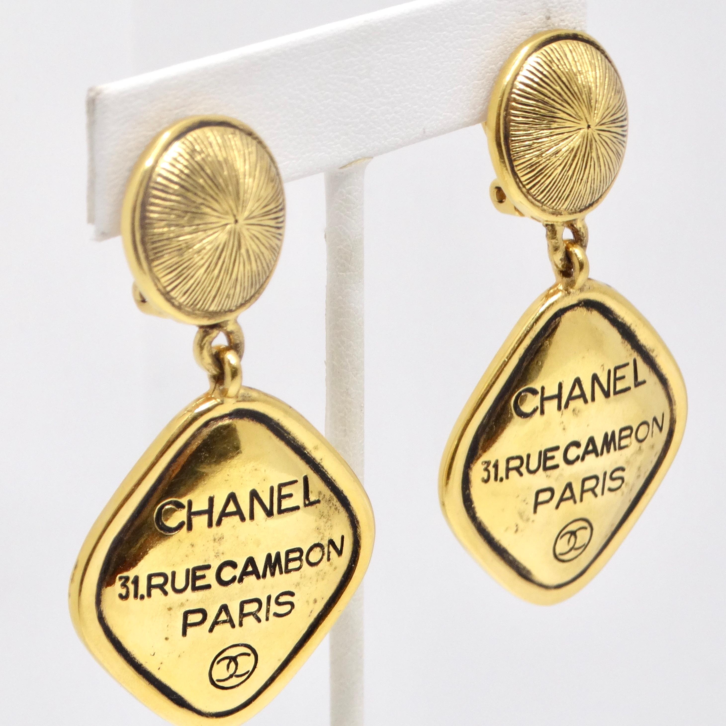 Chanel 31 Rue Cambon CC Gold Tone Clip On Drop Earrings For Sale 1