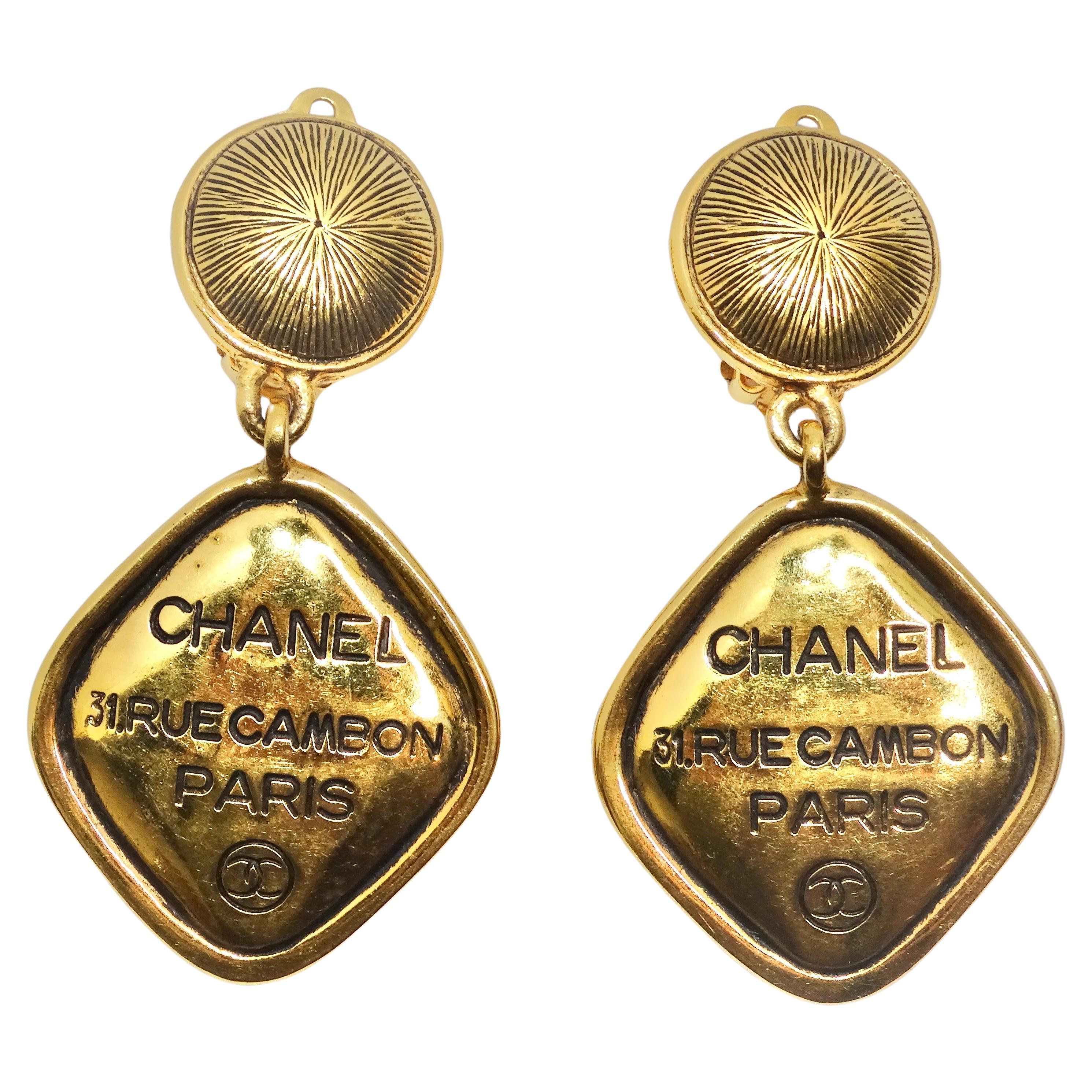 Chanel 31 Rue Cambon CC Gold Tone Clip On Drop Earrings For Sale