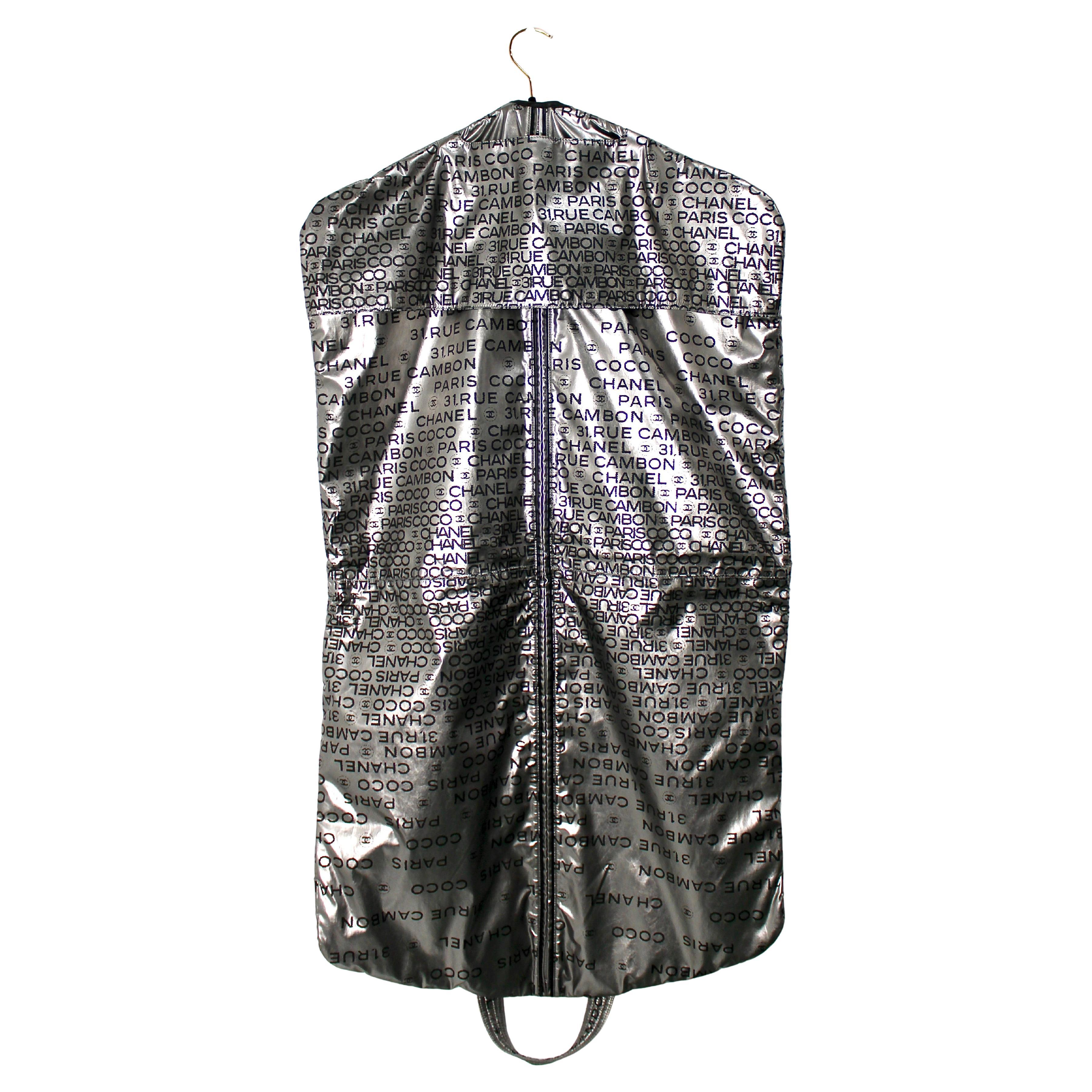 Chanel 31 Rue Cambon Paris Logo Silver Metallic Puffer Garment Bag