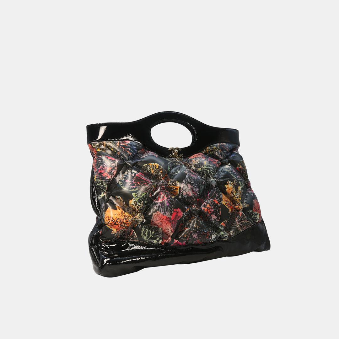 Black Chanel 31 Shopping Bag Quilted Printed Cotton and Calfskin Large For Sale