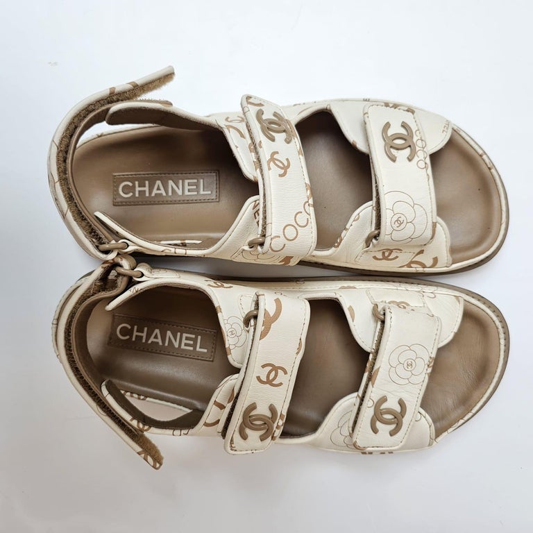 Chanel 38 White Leather Logo Print Dad Sandals For Sale at 1stDibs