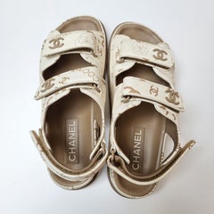 Chanel 38 White Leather Logo Print Dad Sandals