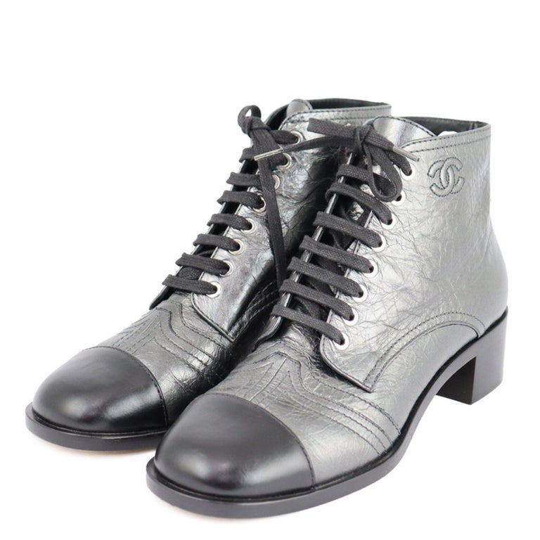 Chanel-39-Metallic Cap Toe Combat Ankle Boots For Sale at 1stDibs