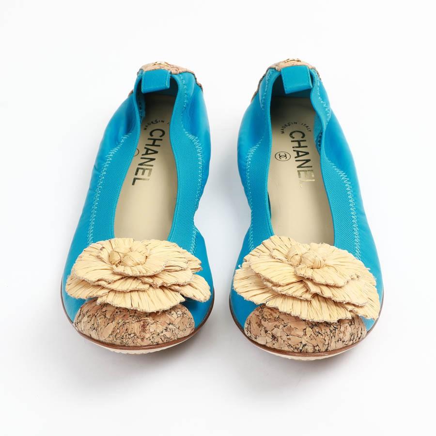 Beige Chanel 39, 5 Fr Flat Blue Ballerina Shoes