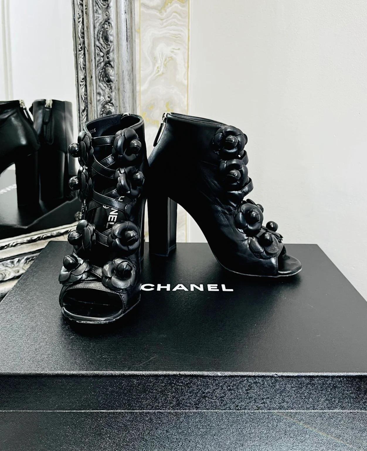 Black Chanel 3D Camellia Flower Peep Toe Bootie For Sale