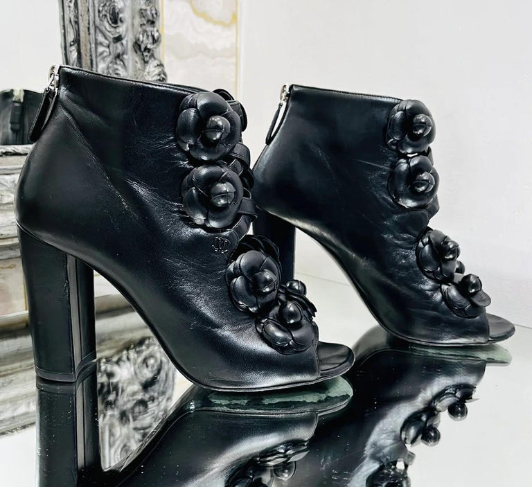 Chanel 3D Camellia Flower Peep Toe Bootie For Sale at 1stDibs