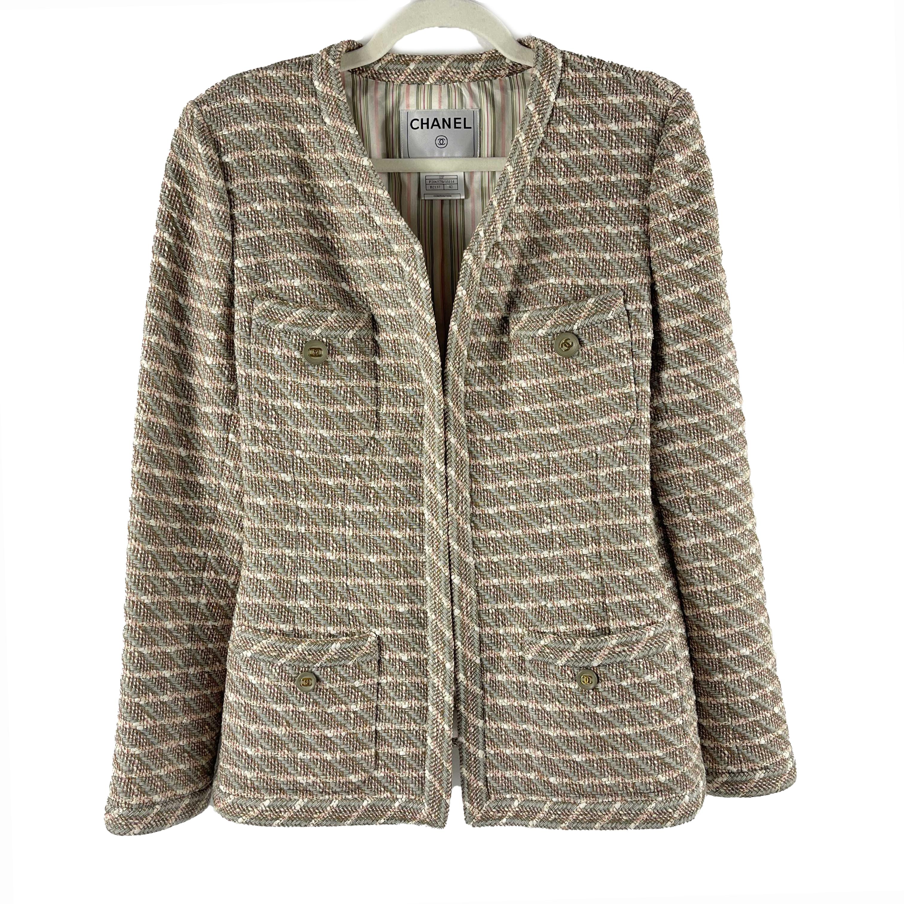 Women's CHANEL 4 Pocket Blazer Plaid Tweed Jacket 40 US 10 03P Wool CC Buttons 2003