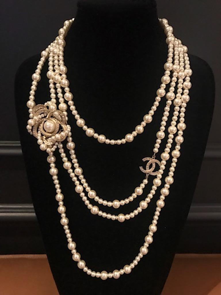 Chanel 4 Stand Pearl Necklace with Flower, 2018 Collection 6