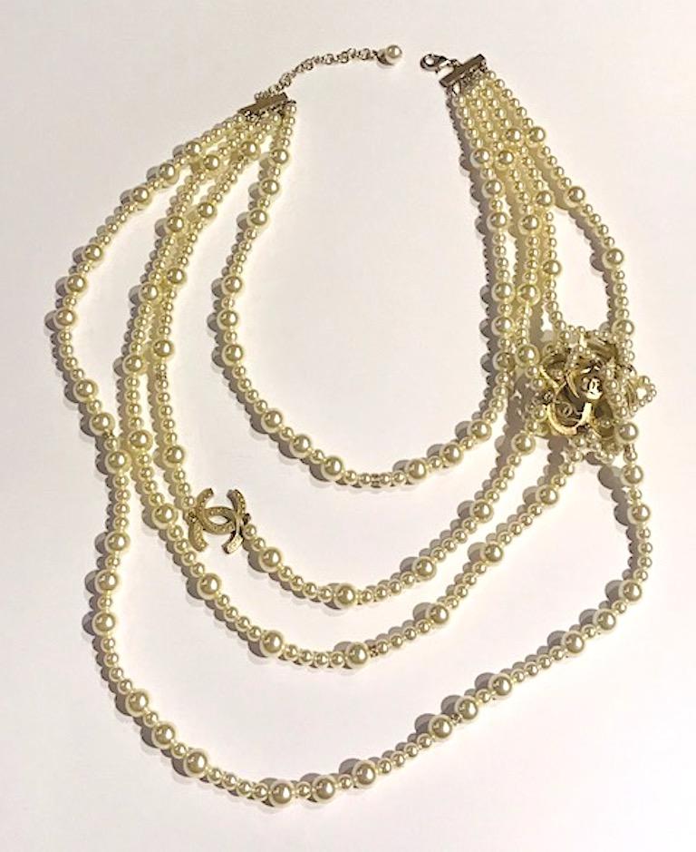 Chanel 4 Stand Pearl Necklace with Flower, 2018 Collection In Excellent Condition In New York, NY