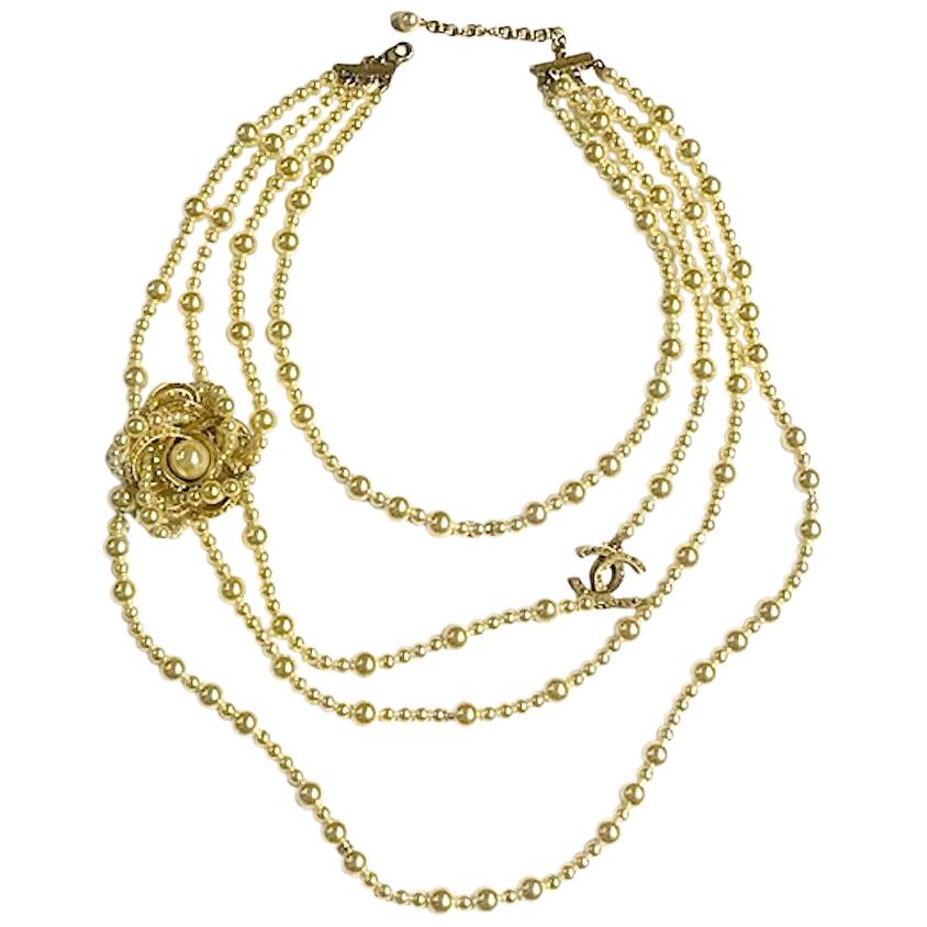 Chanel 4 Stand Pearl Necklace with Flower, 2018 Collection