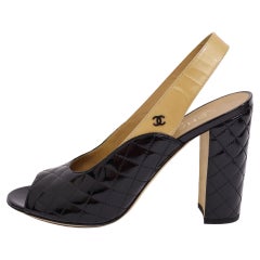 Chanel-41- Black/Beige Patent Leather Quilted CC Block Sling Back Heel