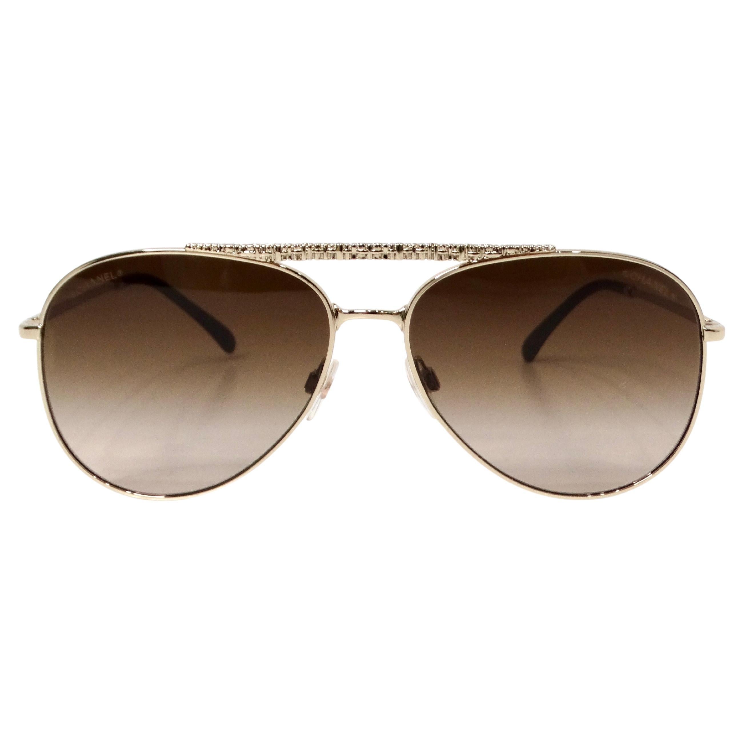 Chanel 4231 Pilot Gold-Tone Metal Frame & Brown Tinted Lens Aviator Sunglasses For Sale
