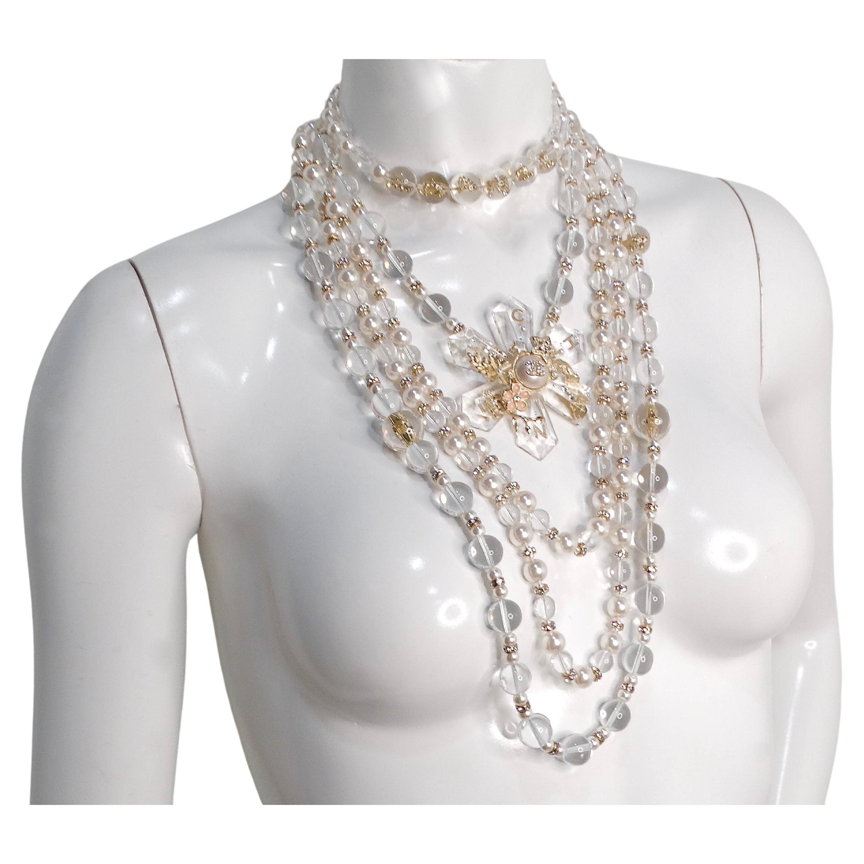 Chanel 5 Layered Pearl Beaded Flower Motif Necklace
