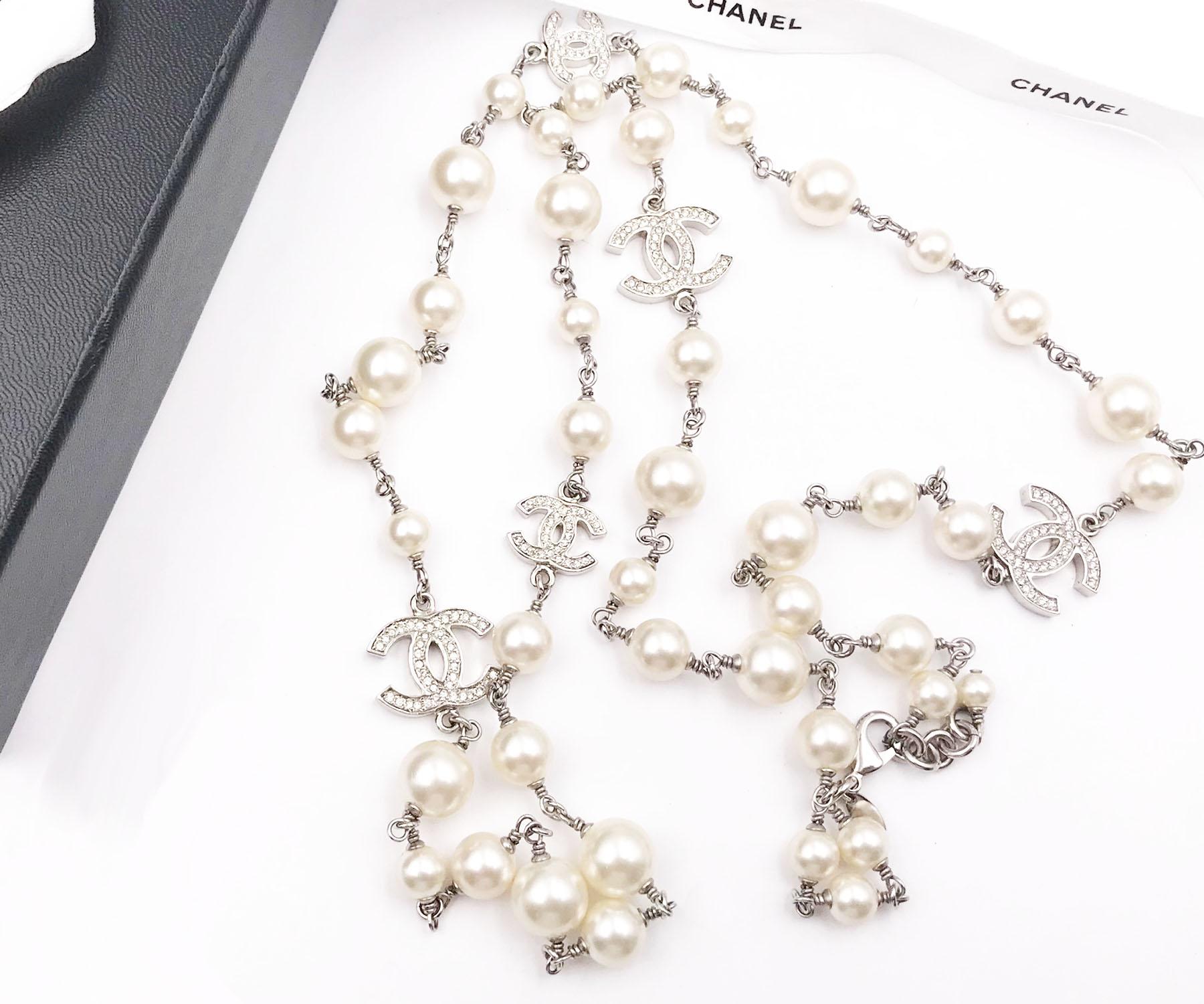 Artisan Chanel 5 Silver CC Crystal Faux Pearl Long Necklace