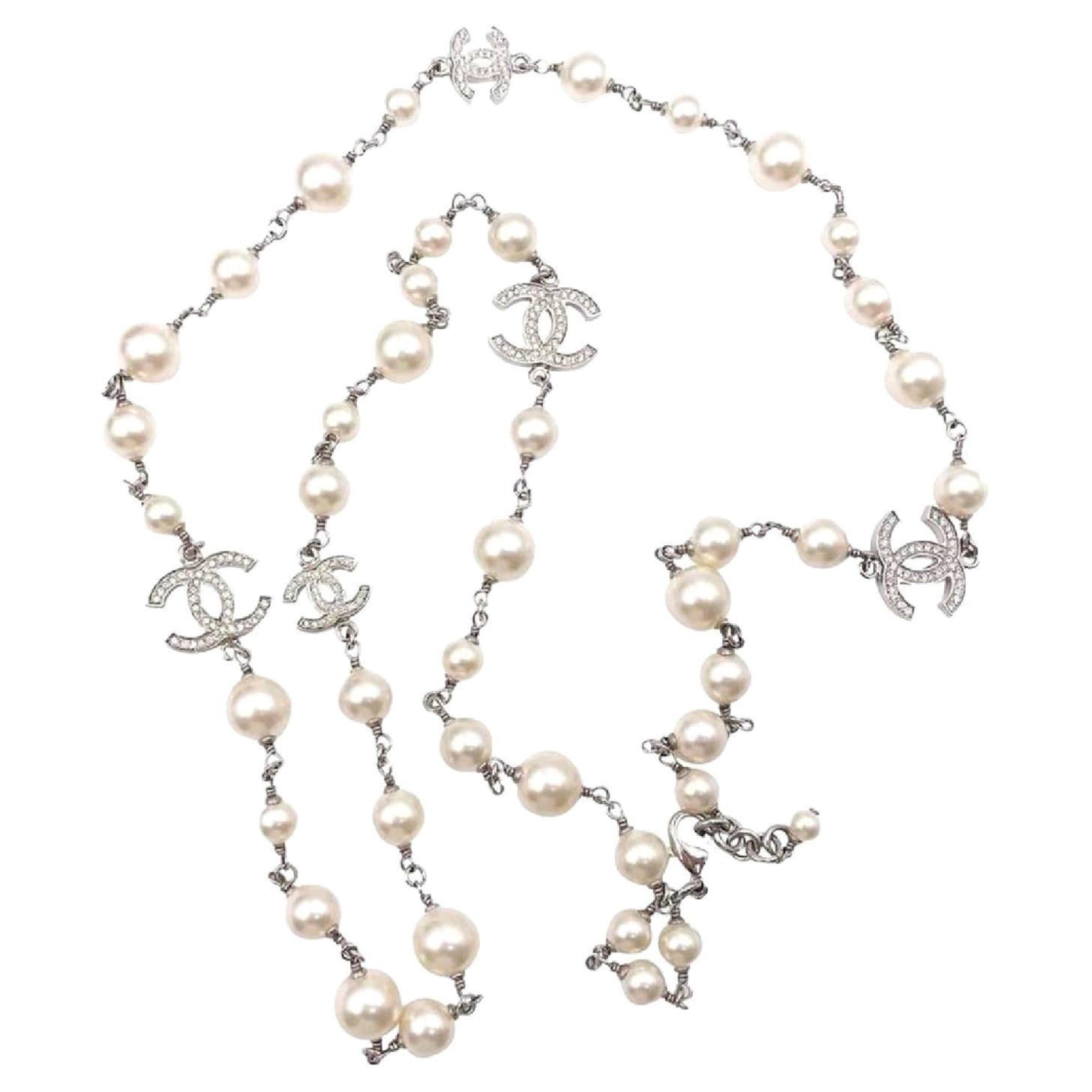 Chanel 5 Silver CC Crystal Faux Pearl Long Necklace For Sale