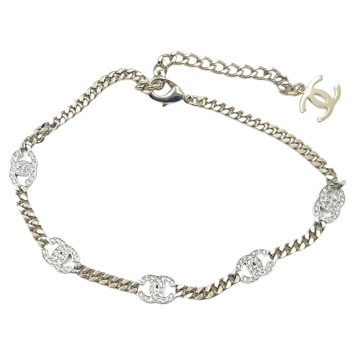 Chanel 5 Silver CC Crystal Gold Chain Choker Necklace