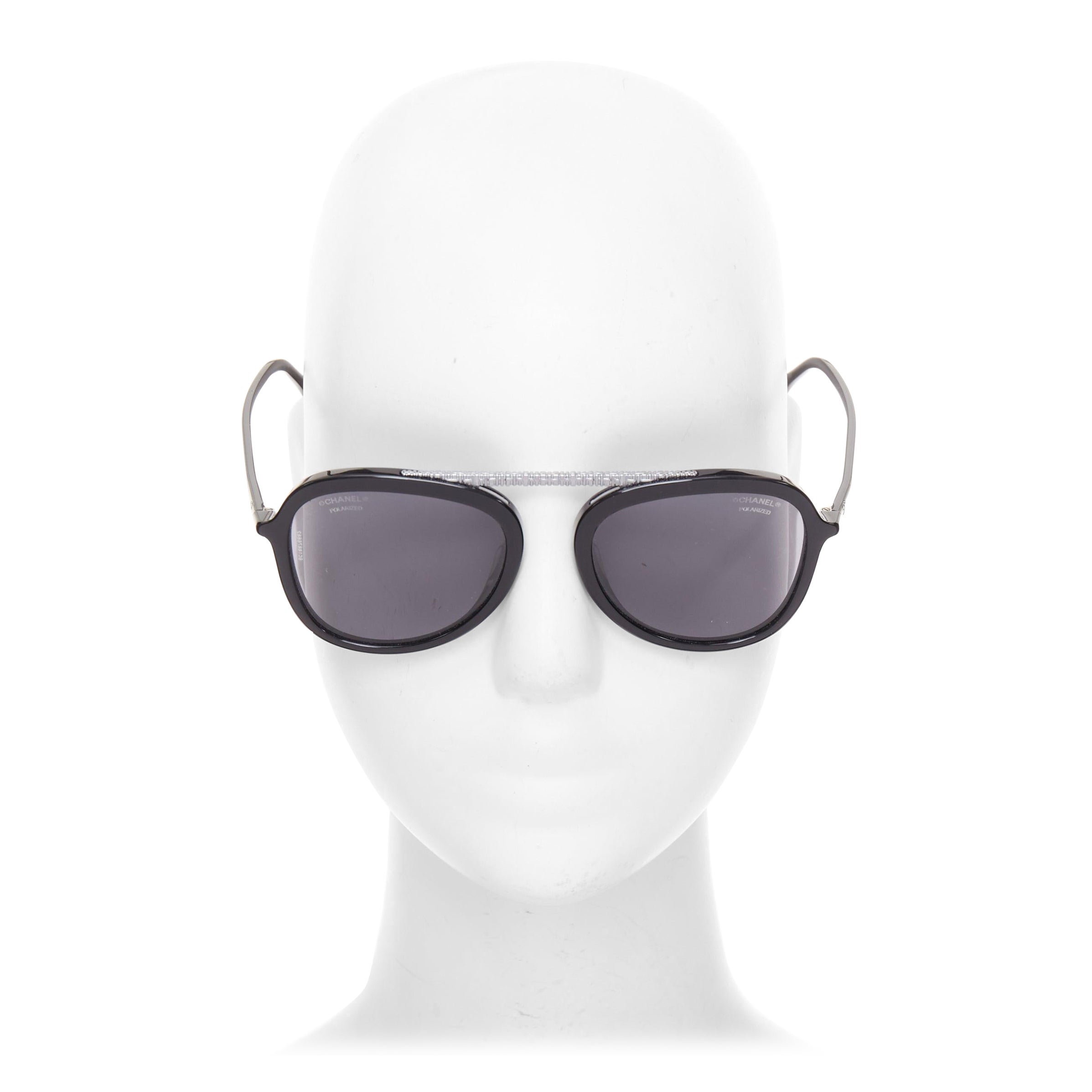 CHANEL 5381A black acetate silver brow bar aviator pilot sunglasses