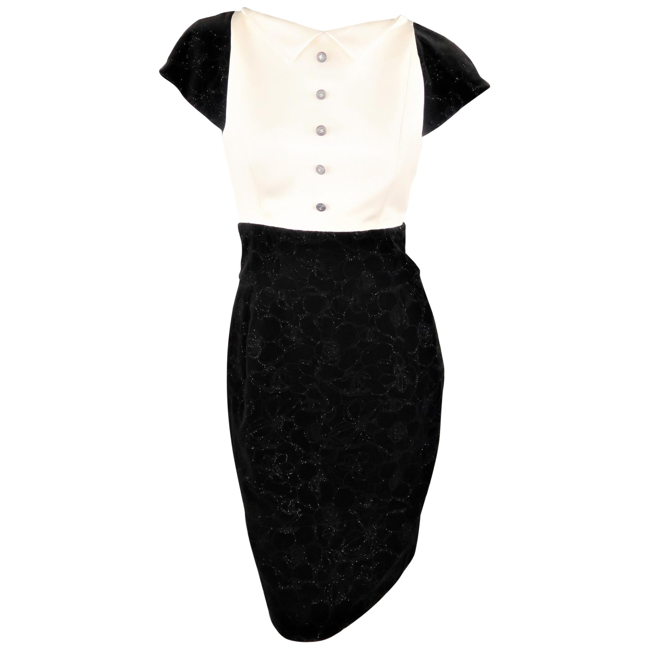 CHANEL 6 Black 
White Supermaret FW 2014 Collection Satin Sparkle Velvet Dress