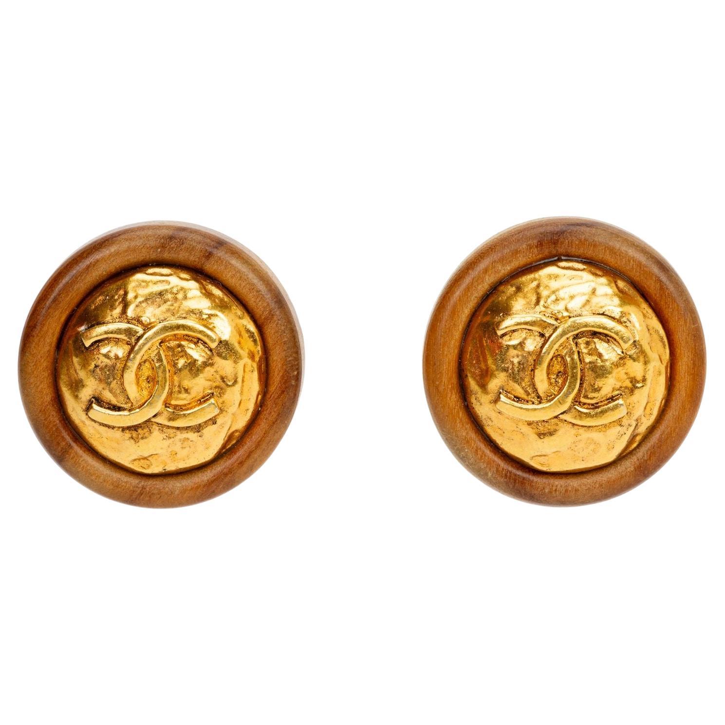 Chanel 70's CC Wood Logo Earrings For Sale