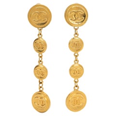 Chanel 70s Coin Logo Drop Clip Earrings