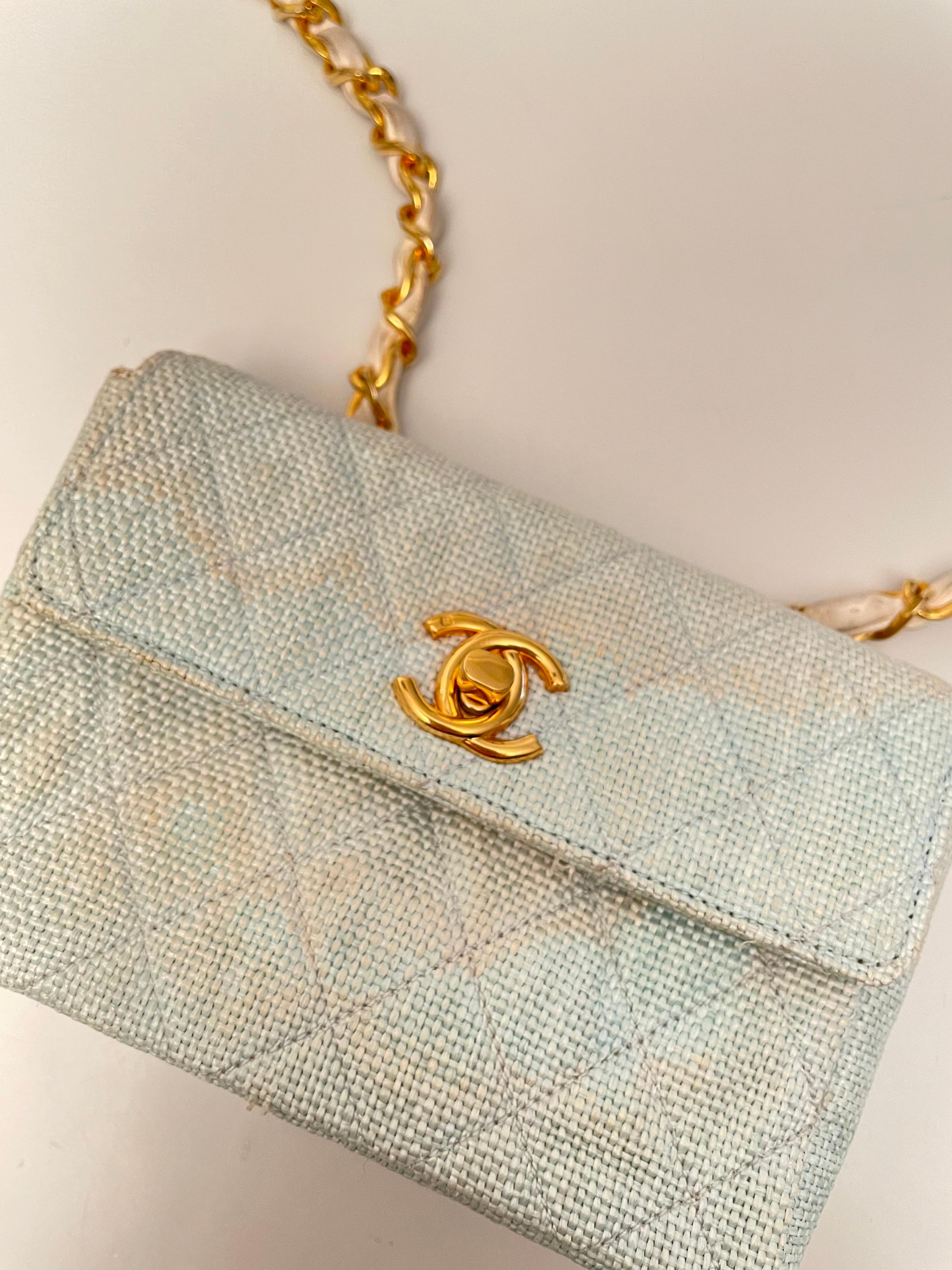 Beige Chanel 70s light blue canvas small Bag
