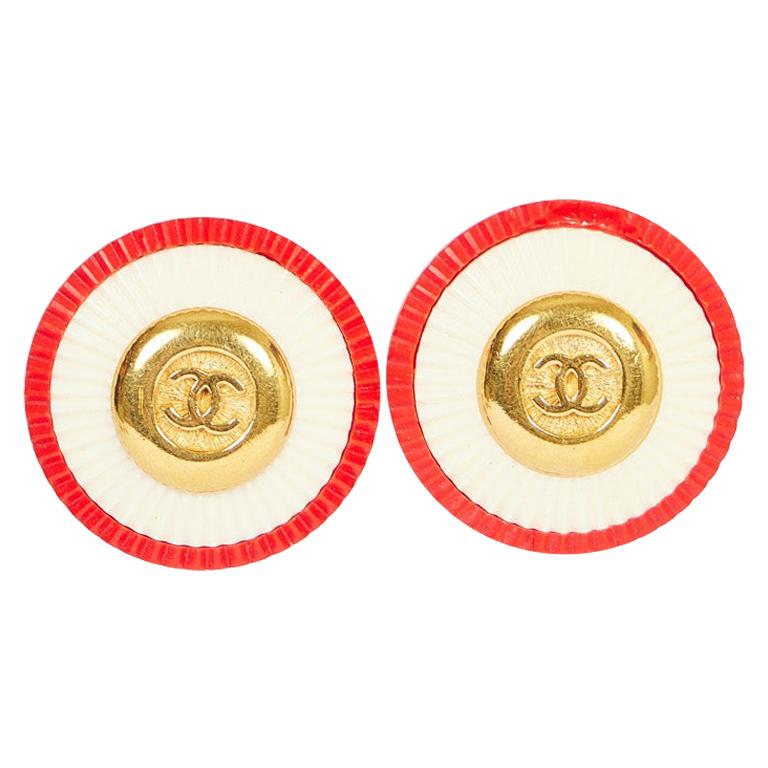 Chanel 70s Red & White Clip Earrings For Sale