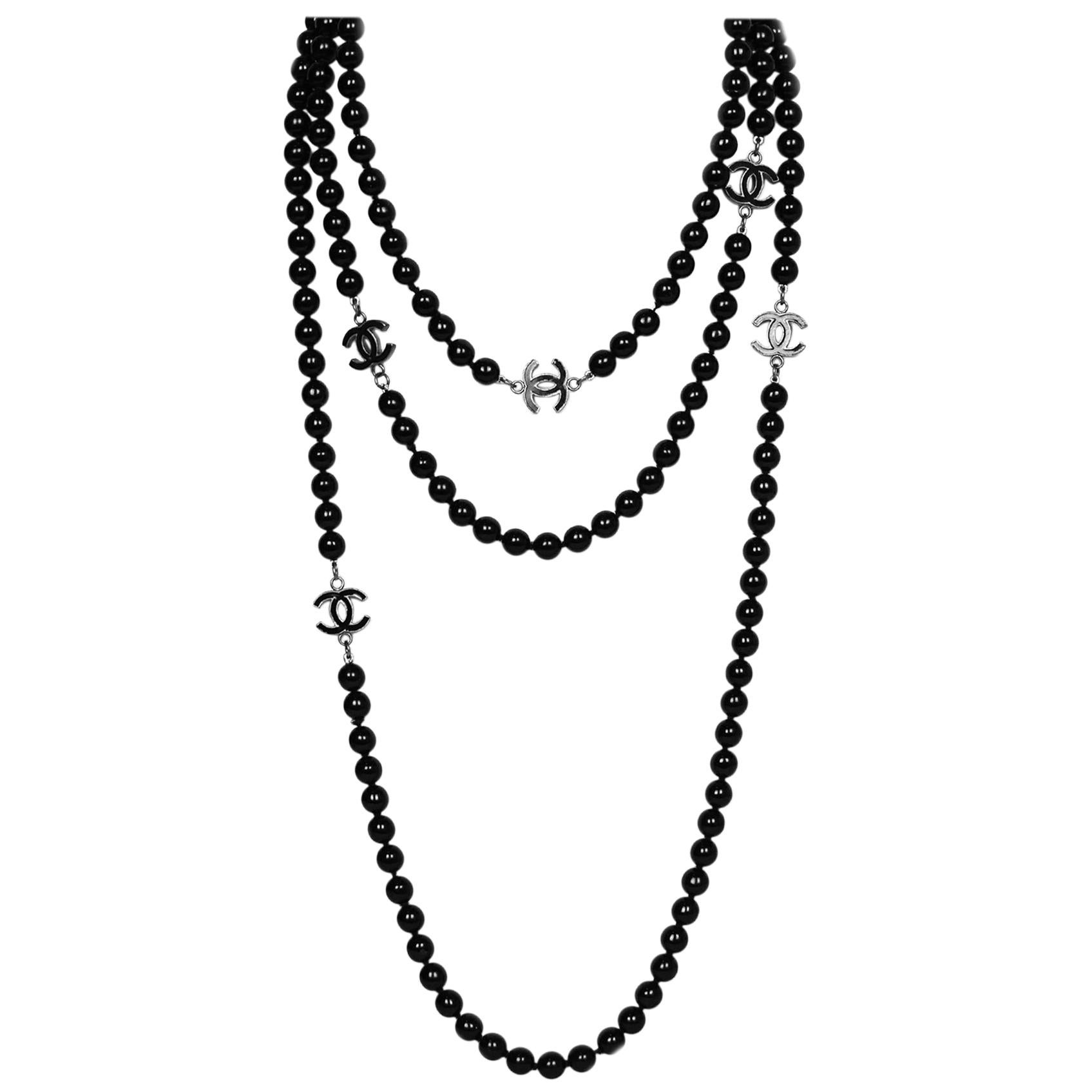 Chanel 72 Black Bead CC Extra Long Necklace at 1stDibs