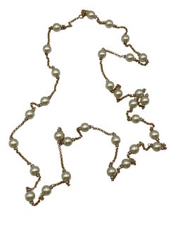 Chanel 72" Long 1980s Gold Chain, Pearl & Rhinestone Accent Necklace
