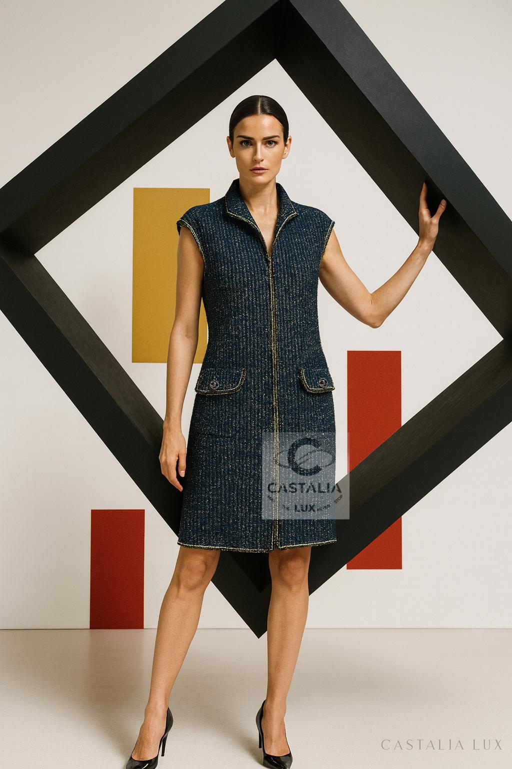 ~Questo gilet giacca senza maniche di Chanel, 
Tagliato nel più prezioso tweed Lesage della Maison, intreccia il blu profondo con sfuggenti fili d'oro e d'argento, catturando l'illuminazione come se il tessuto stesso ricordasse il luccichio degli