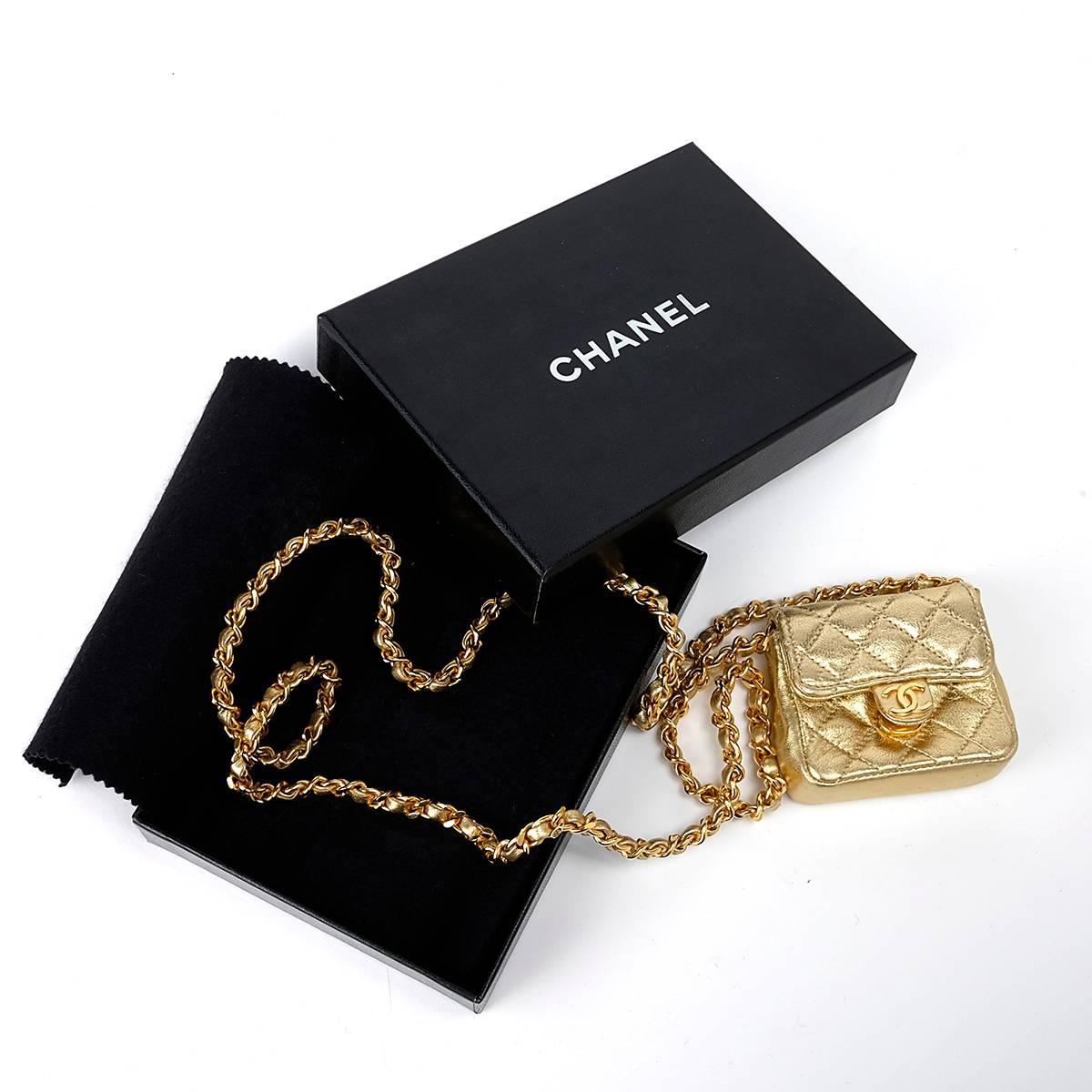 Women's Chanel Gold Lambskin Miniature 2.55 Single Flap Necklace, 1980s 