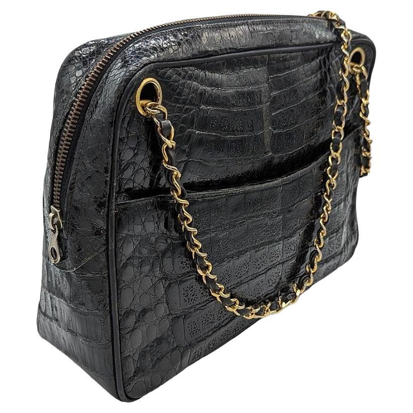 Chanel 80s Black Shiny Alligator Camera Shoulder Bag For Sale