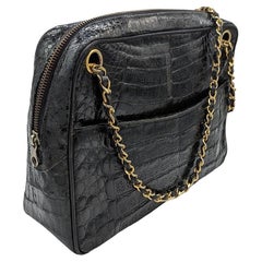 Retro Chanel 80s Black Shiny Alligator Camera Shoulder Bag