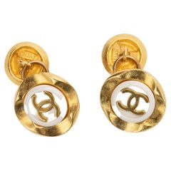 Chanel 80s Logo Gold White Cufflinks