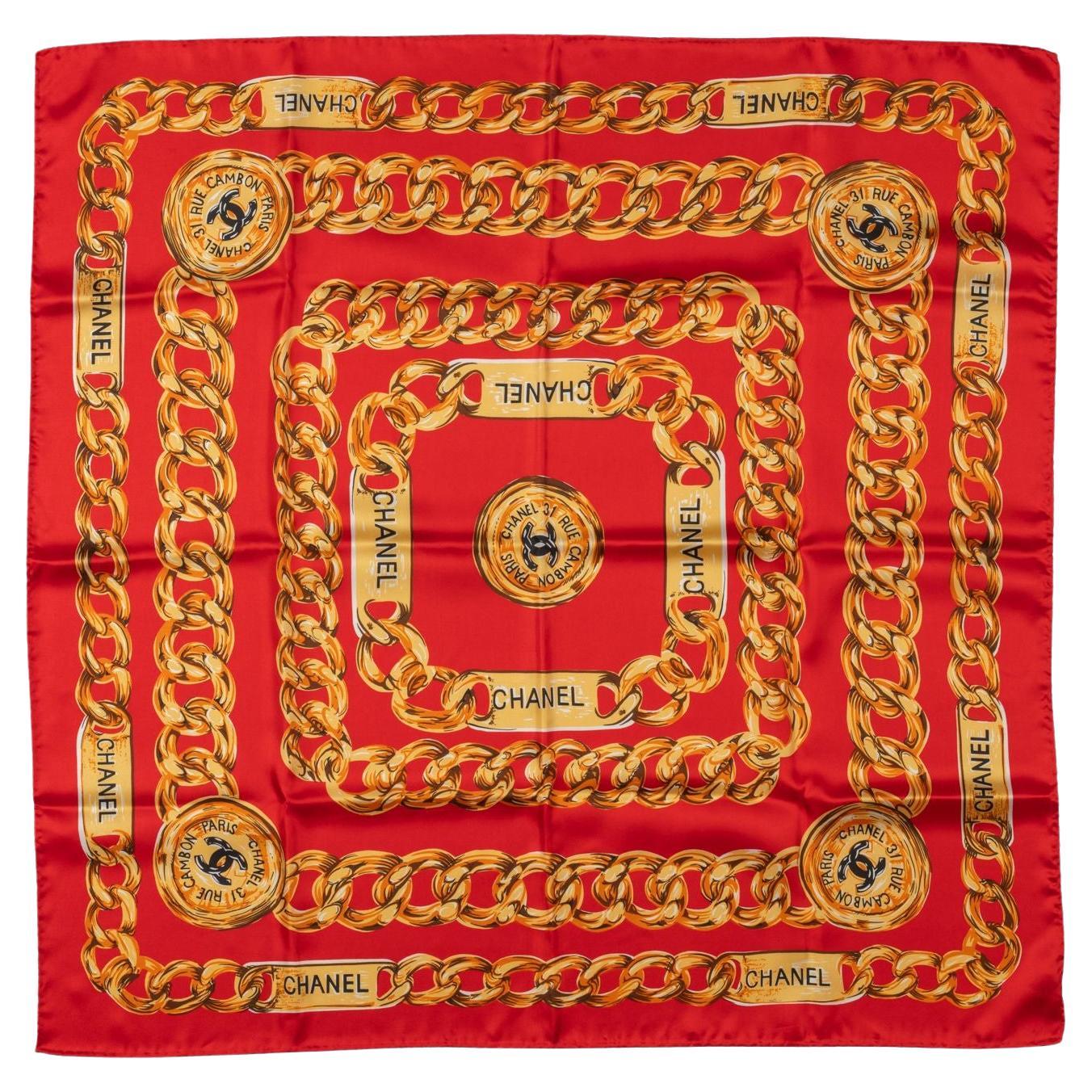 Chanel 80s Red Chains Silk Scarf For Sale