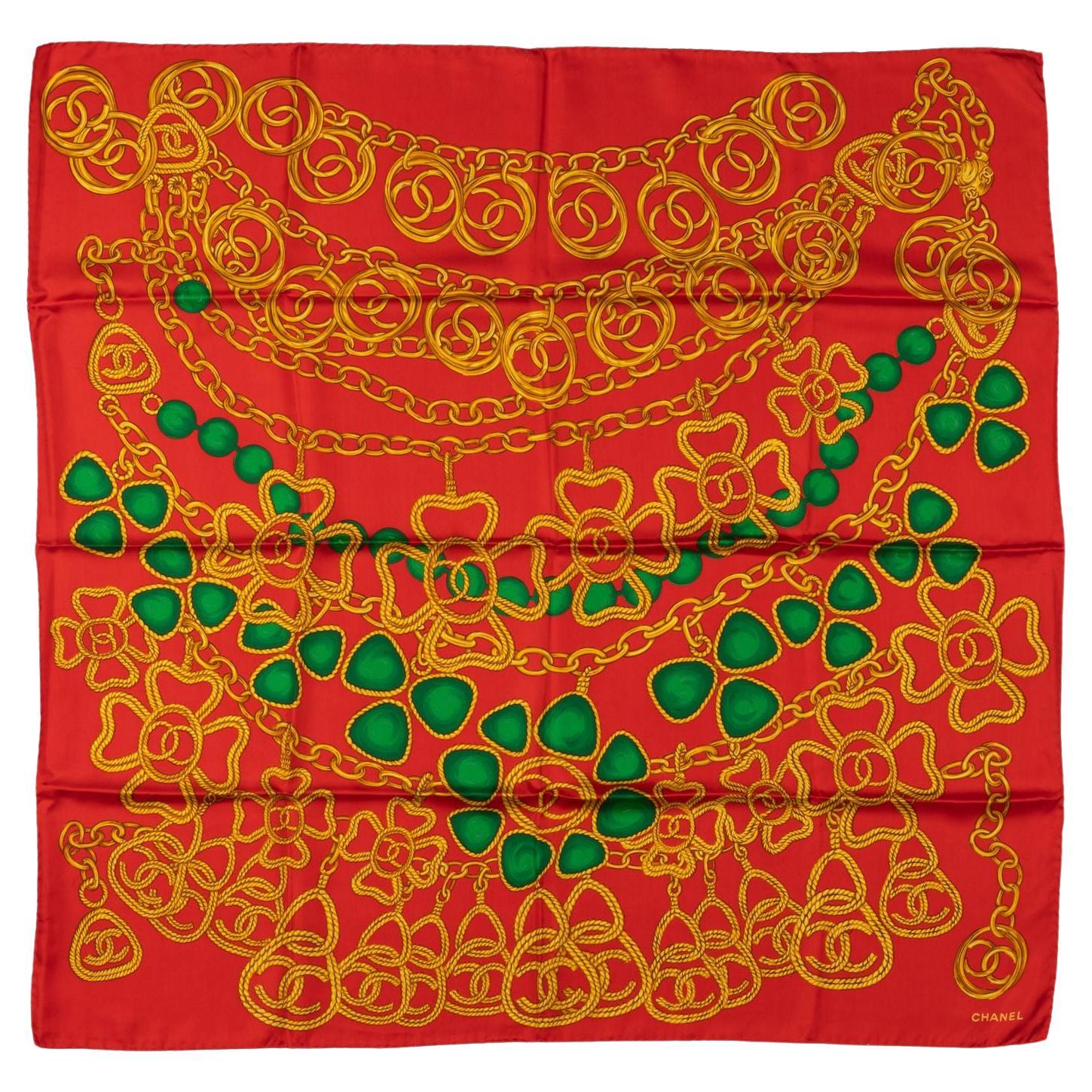 Chanel 80s Red Gripoix Silk Scarf For Sale