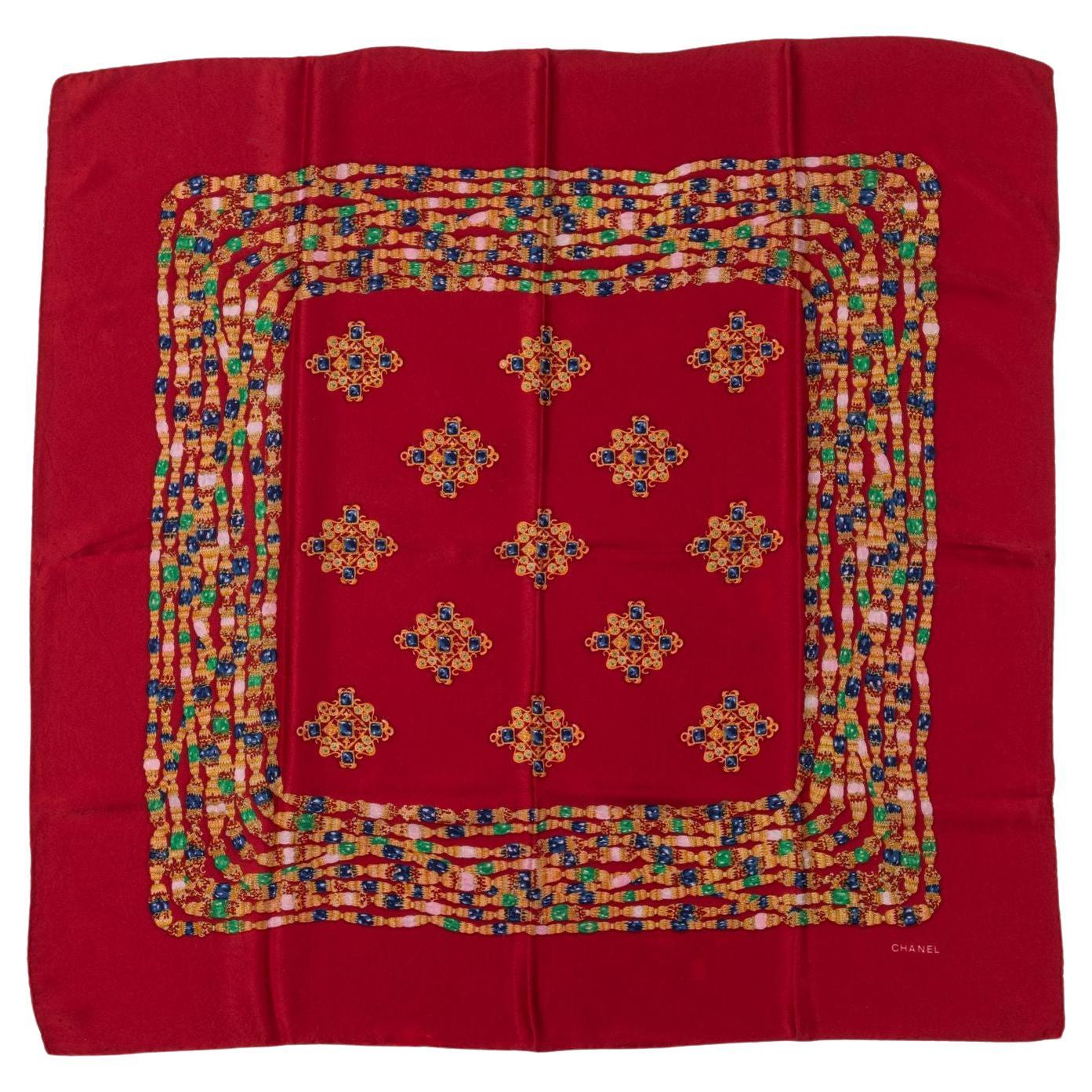 Chanel 80s Red Gripoix Silk Scarf For Sale