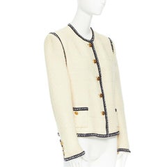 CHANEL 80s vintage ecru tweed navy braid trim gold CC button collarless jacket
