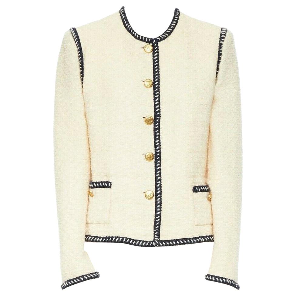 Chanel Women's CC Button Zip Up Collarless Jacket Tweed Neutral 2013881