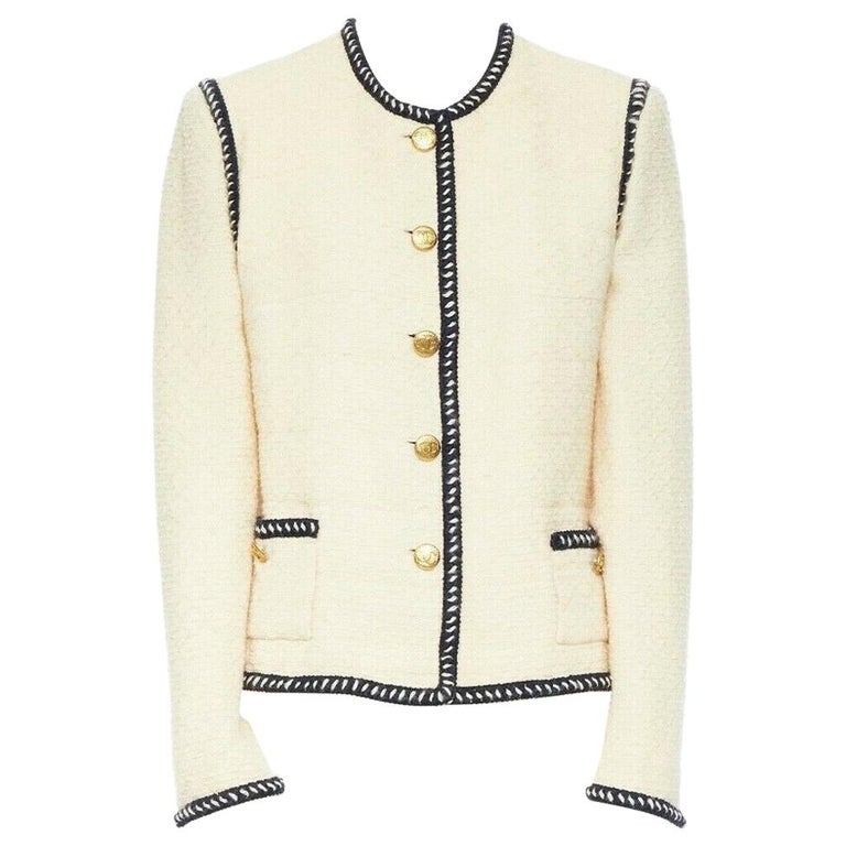 CHANEL 80s vintage ecru tweed navy braid trim gold CC button collarless  jacket at 1stDibs