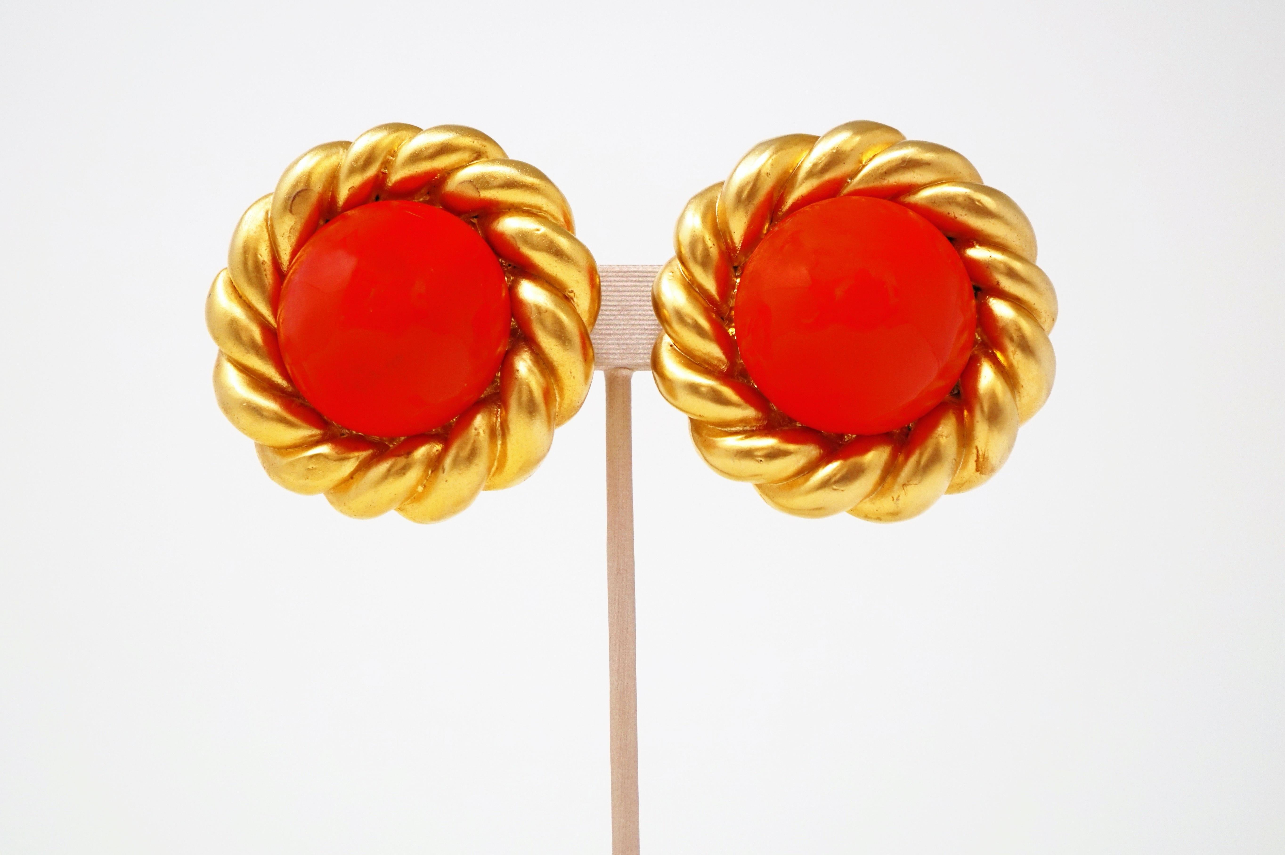 Chanel 80s Vintage Oversized Statement Earrings w/ Coral Gripoix Glass Cabochons For Sale 2