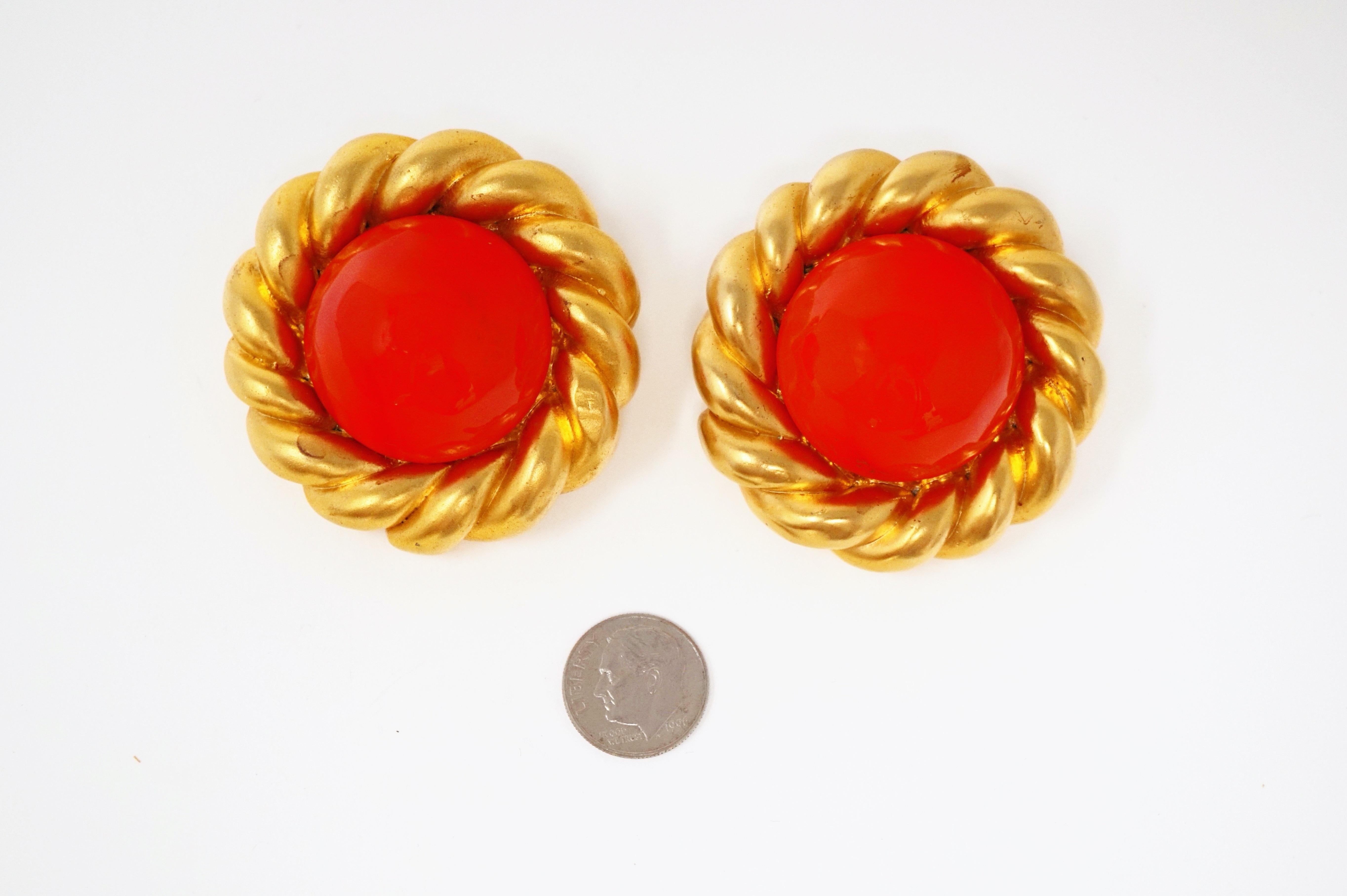 Chanel 80s Vintage Oversized Statement Earrings w/ Coral Gripoix Glass Cabochons For Sale 3