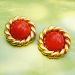 Chanel 80s Vintage Oversized Statement Earrings w/ Coral Gripoix Glass Cabochons