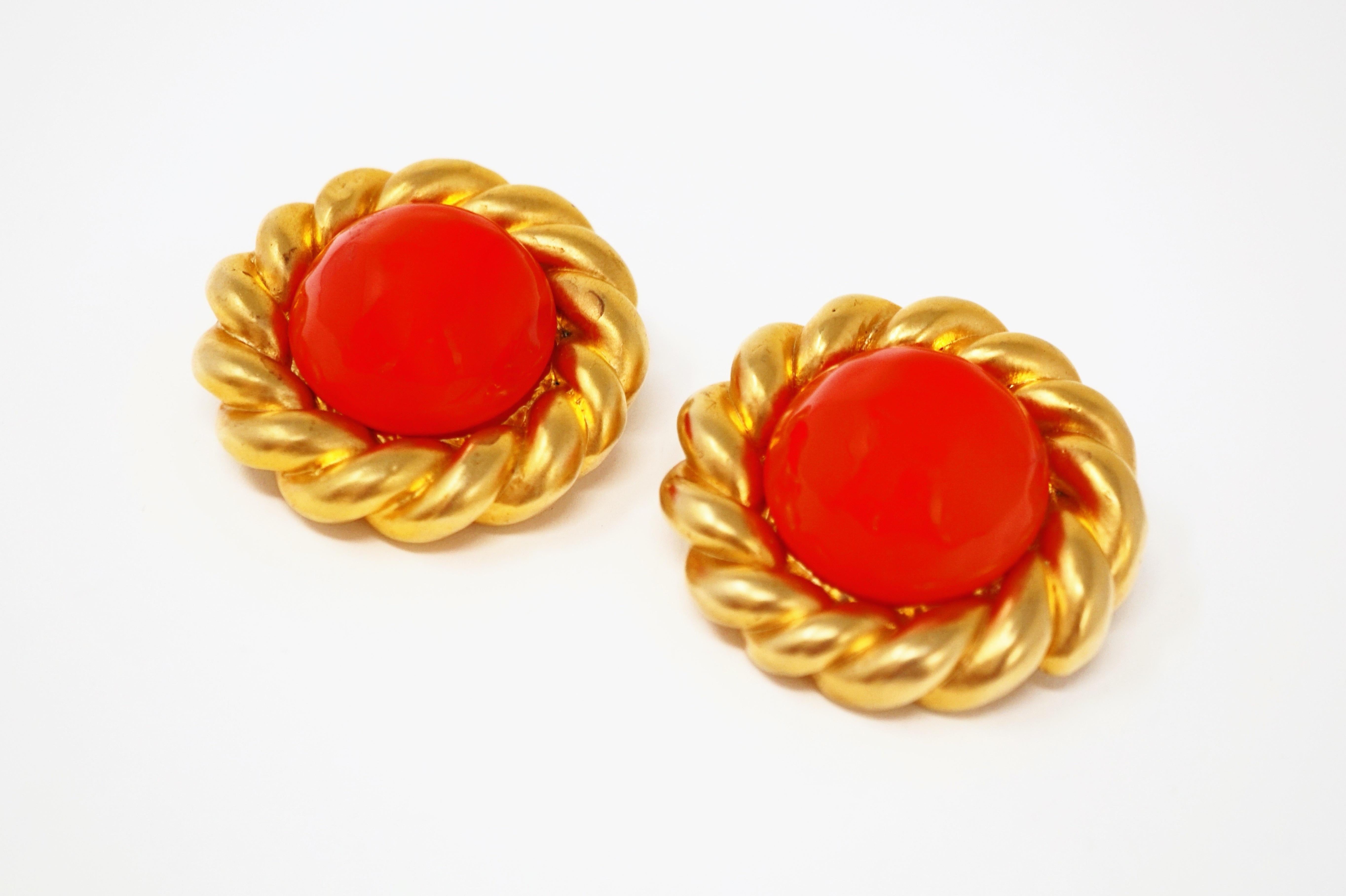 Modern Chanel 80s Vintage Oversized Statement Earrings w/ Coral Gripoix Glass Cabochons For Sale