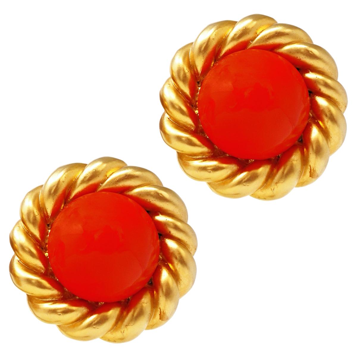 Chanel 80s Vintage Oversized Statement Earrings w/ Coral Gripoix Glass Cabochons For Sale