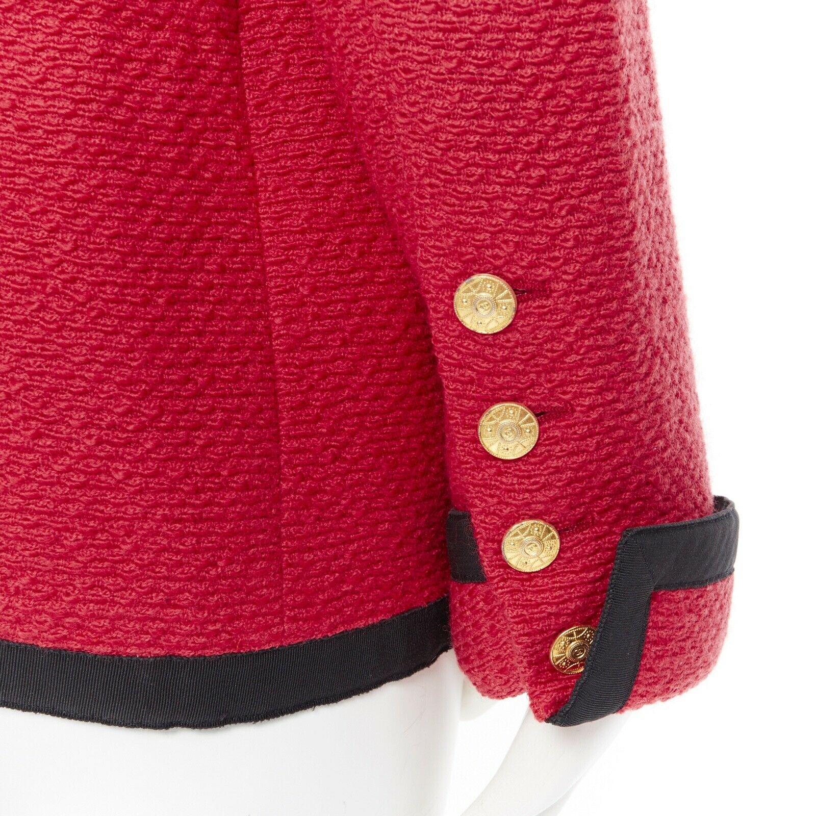 CHANEL 89A vintage red tweed boucle 4 pockets black trim button-up jacket FR42 2