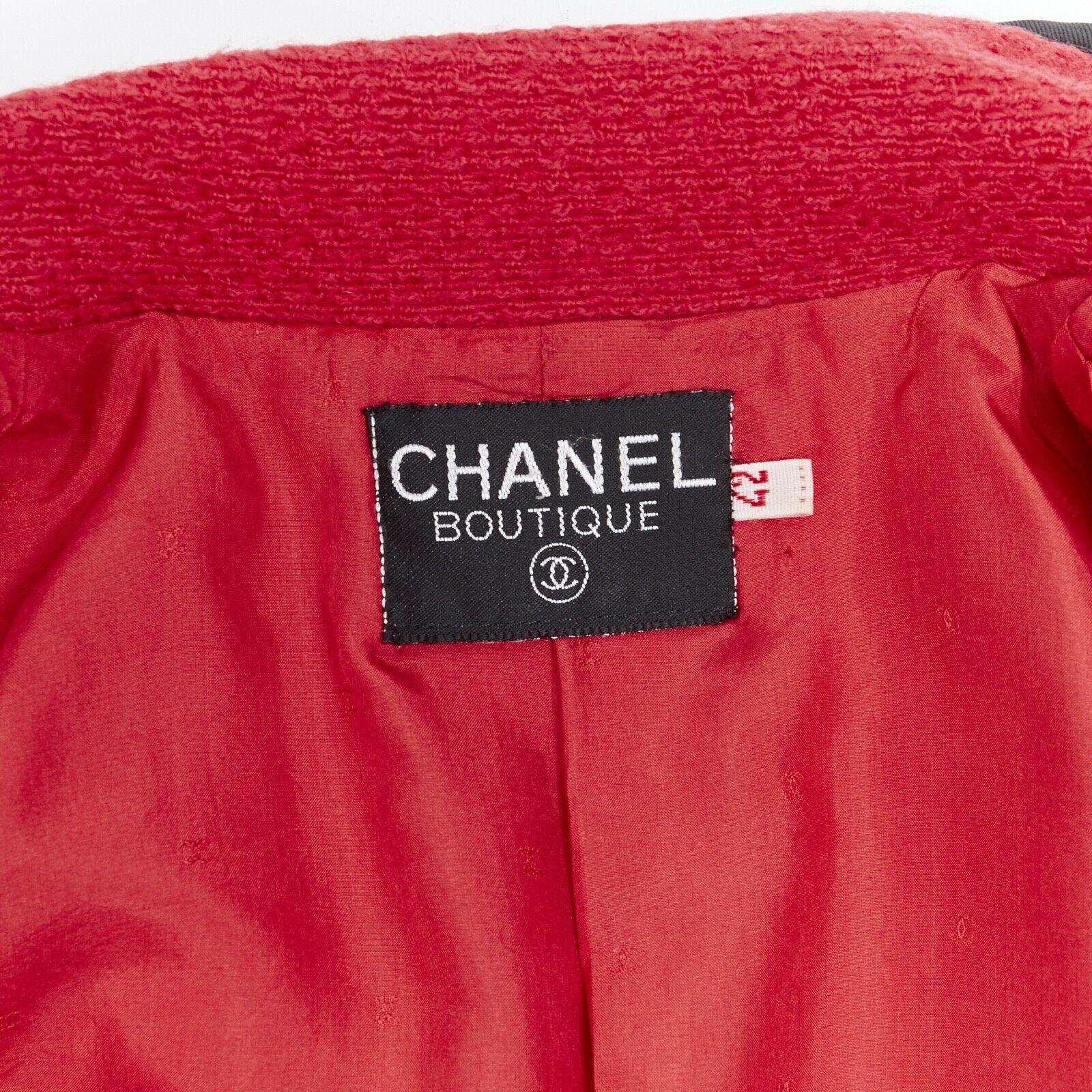 CHANEL 89A vintage red tweed boucle 4 pockets black trim button-up jacket FR42 3