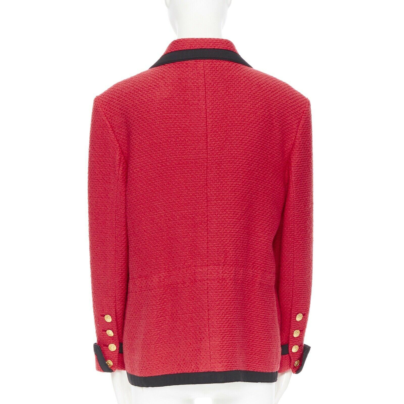 Red CHANEL 89A vintage red tweed boucle 4 pockets black trim button-up jacket FR42