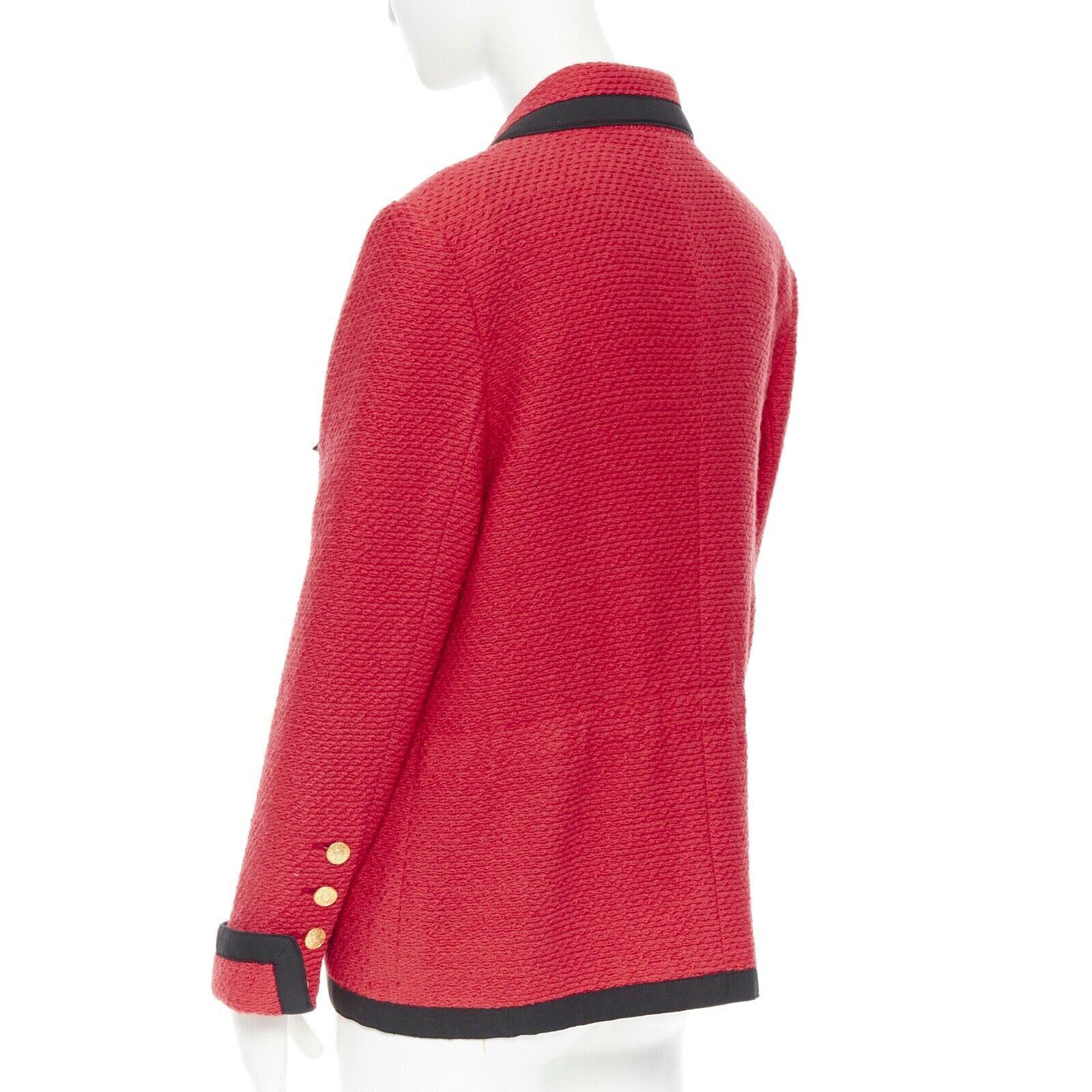 CHANEL 89A vintage red tweed boucle 4 pockets black trim button-up jacket FR42 In Good Condition In Hong Kong, NT